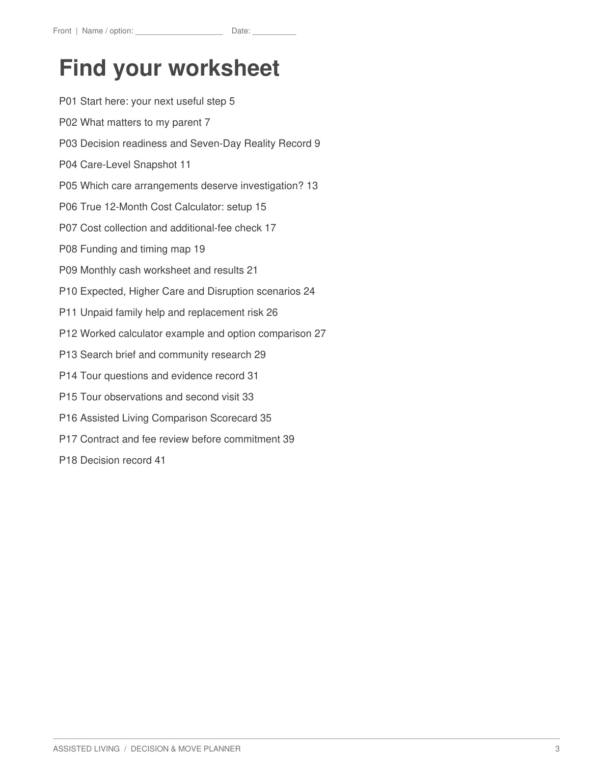 Contents (1) from Assisted Living Decision & Move Planner