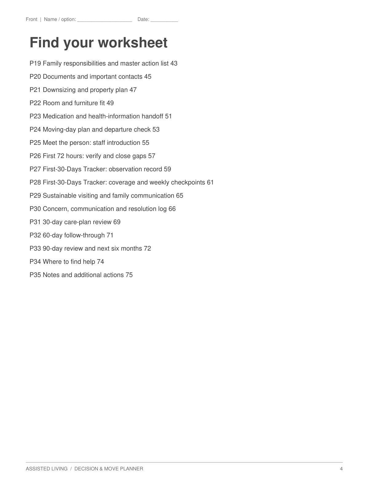 Contents (2) from Assisted Living Decision & Move Planner